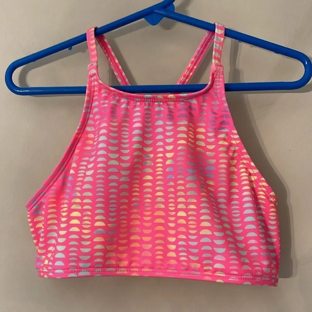 Lands’ End Bright Pink Geo Printed Bikini Top Size 8 New